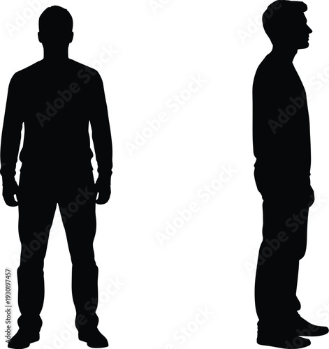 Standing man silhouette front and side view human body outline isolated flat vector illustration