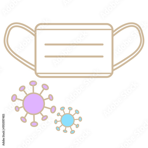 マスクでウイルスの感染対策をするイラスト　柔らかい優しいデザイン。シンプル素材