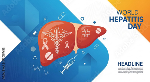 World hepatitis day awareness poster with liver illustration and medical symbols on blue background