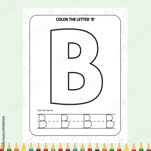 Letter B tracing and coloring worksheet for preschool kids learning english alphabet vector