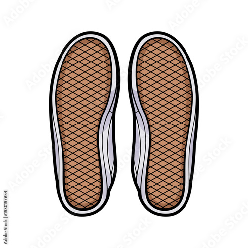 Colored vector illustration of a pair of sneaker shoe soles from a bottom view. Features a detailed brown waffle tread pattern. Perfect for footwear tech packs and footprint graphics.