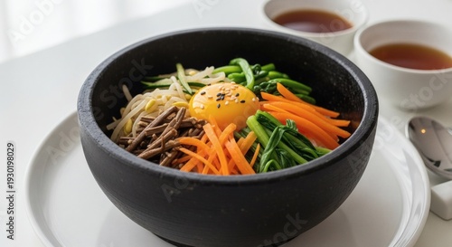 Korean Bibimbap Dish with Vegetables and Egg.