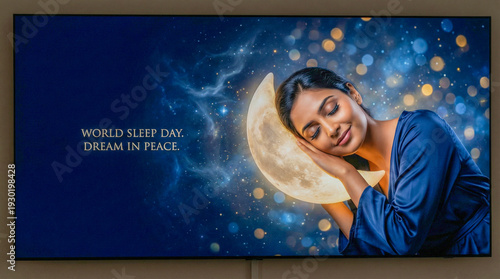 Peaceful Woman Resting on a Glowing Crescent Moon Pillow in a Starry Night Sky, Concept for World Sleep Day, Deep Sleep, Dreaming, and Mental Health Wellness
