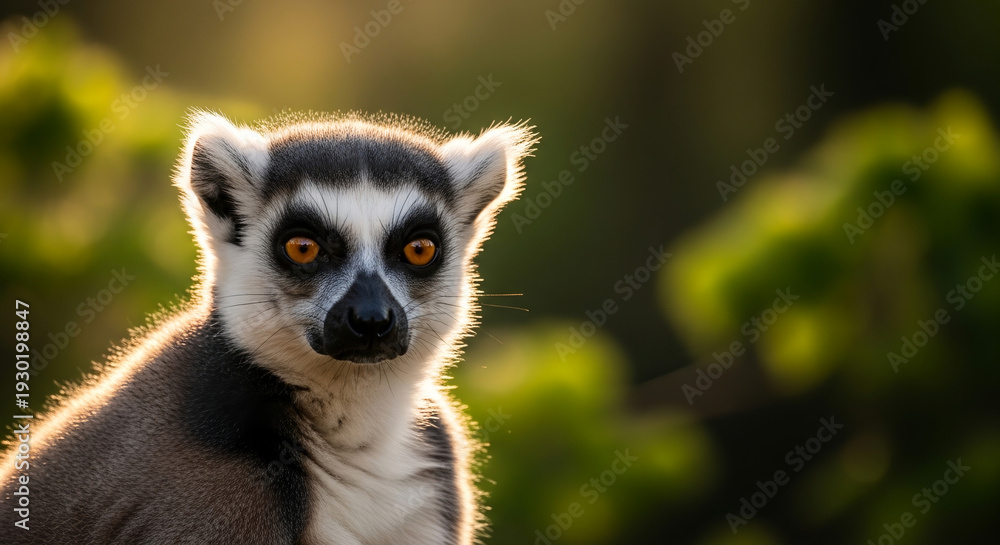 Obraz premium Close-up portrait of a ring-tailed lemur, Lemur catta, with a curious expression, sitting in a natural setting with green foliage, conveying a sense of endangered species and biodiversity
