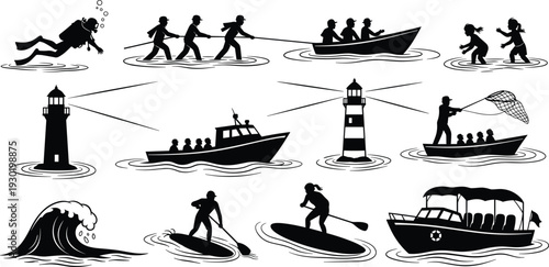 Set of black maritime silhouettes featuring scuba diving lighthouse nautical boats paddle boarding fishing and coastal summer water activities for vacation and marine design