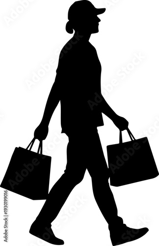 Silhouette of woman wearing cap walking with shopping bags Shopping spree concept, side profile black vector graphic
