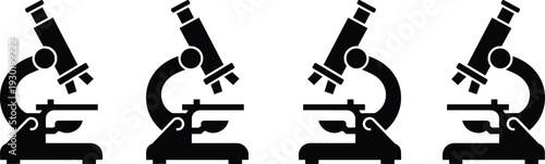 Black silhouette microscope icons set, scientific research equipment illustration, laboratory tool vector design, biology chemistry medical study concept isolated
