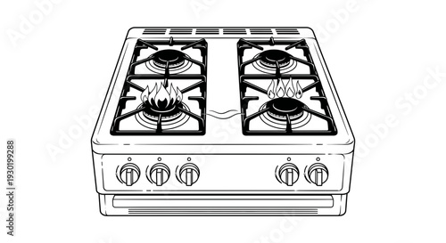 Vintage Gas Stove with Burning Flames on Burners, Kitchen Appliance Illustration