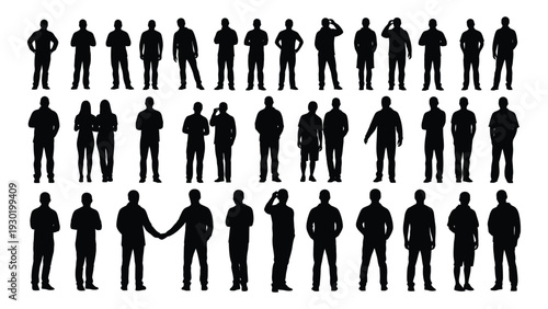 Collection of various silhouettes of people in different poses and outfits isolated on white background, Vector