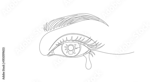 Single Line Drawing of a Crying Eye with Tear Drop, Sadness and Emotion Concept