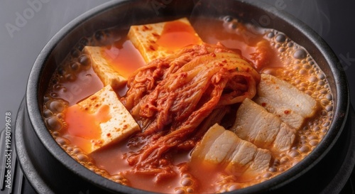 Korean Spicy Tofu Stew in Black Bowl.