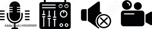 Microphone Audio Mixer Muted Speaker and Video Camera Solid Icons Set for Media Production