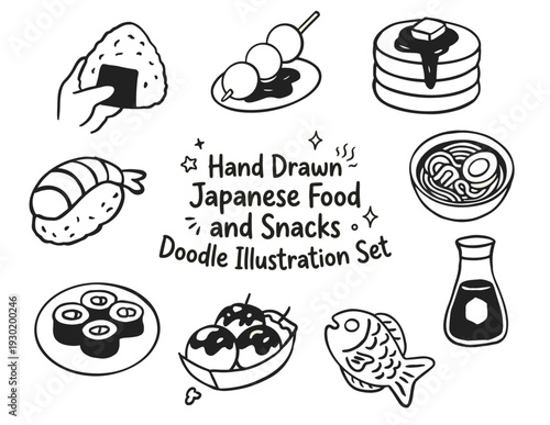 Hand Drawn Japanese Food and Snacks Doodle Illustration Set