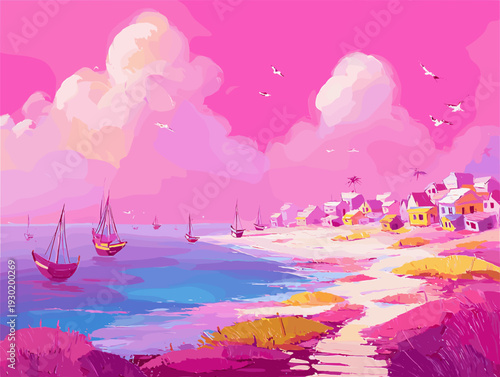 ピンクの夕焼け海岸と港町　カラフルなリゾート風景イラスト背景