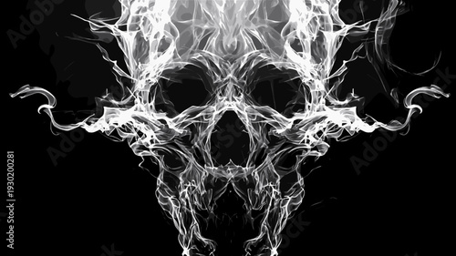 黒背景に浮かぶ煙の骸骨　ダークで抽象的なスカルアート背景