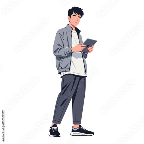 Vector illustration of a modern young man in casual attire, standing and using a digital tablet, showcasing technology interaction.
