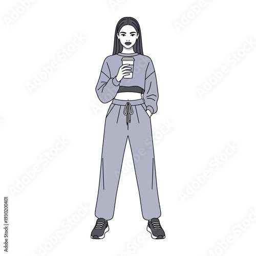 Full-body vector illustration of a young woman in casual athletic wear, standing relaxed while holding a cup, exuding a modern and comfortable lifestyle.