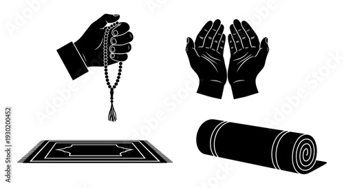 Traditional yoga and weightlifting accessories depicted in black and white silhouettes Vector, illustration