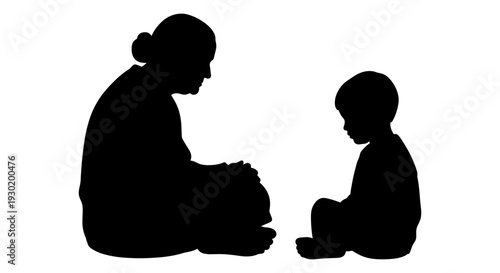 Silhouette of an adult and child engaged in quiet conversation or storytelling together. Vector, illustration