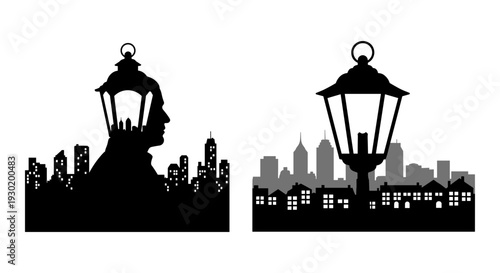 Silhouettes of figures standing beneath vintage street lamps at night over city skylines Vector, illustration