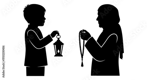 A young boy receiving a traditional lantern from an adult figure Vector, illustration