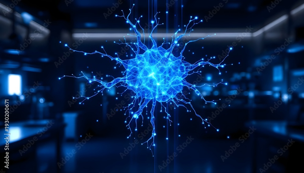 Fototapeta premium A vibrant blue glowing neural network node pulses against a dark, blurred background.