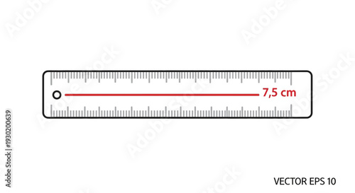 Ruler Measuring 7.5 cm with Scale and Red Line, Isolated on White Background