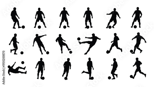 A collection of black silhouettes of soccer players in various poses isolated on white background, Vector