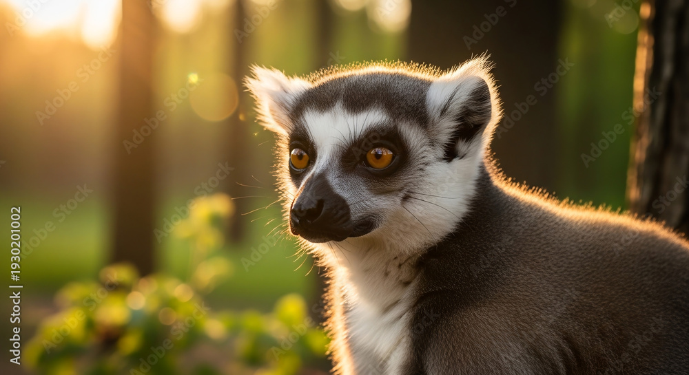 Obraz premium Close-up portrait of a ring-tailed lemur, Lemur catta, with a curious expression, sitting in a natural setting with green foliage and a blurred forest habitat in the background, conveying a