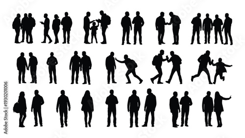 A collection of black silhouettes of people in various poses and actions isolated on white background, Vector