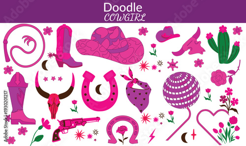 Pink Western fashion icon set featuring cowboy hats, boots, cactus, lipstick, bra, and disco ball, designed as stylish country glam vector illustrations for trendy lifestyle and fashion design.