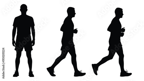 A black silhouette of a man running in three stages isolated on white background, Vector