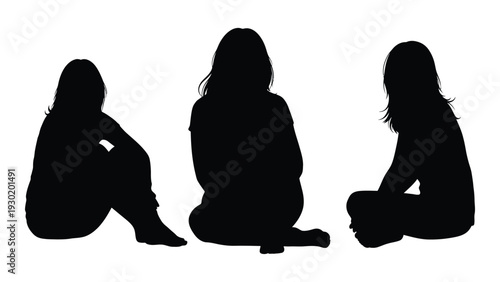 Three women sitting in a row in black silhouette isolated on white background, Vector