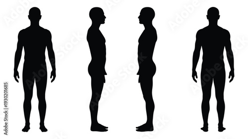 Four black silhouettes of a man in different poses isolated on white background, Vector