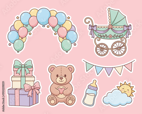 Baby shower stickers with balloons and gifts.