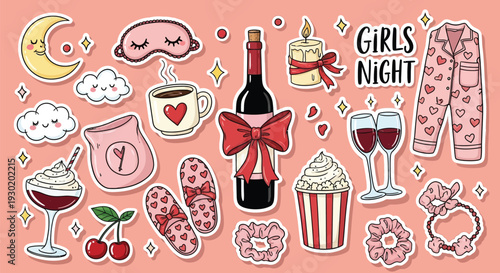 Cute girls night sticker collection with wine popcorn pajamas and cozy sleepover elements