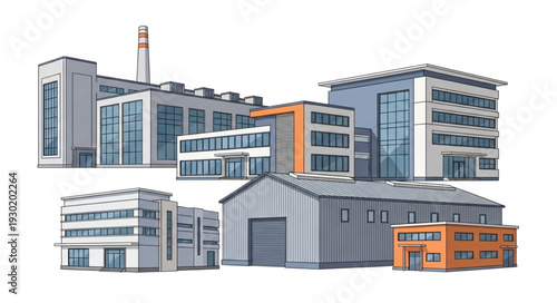 Collection of modern industrial buildings and factories.