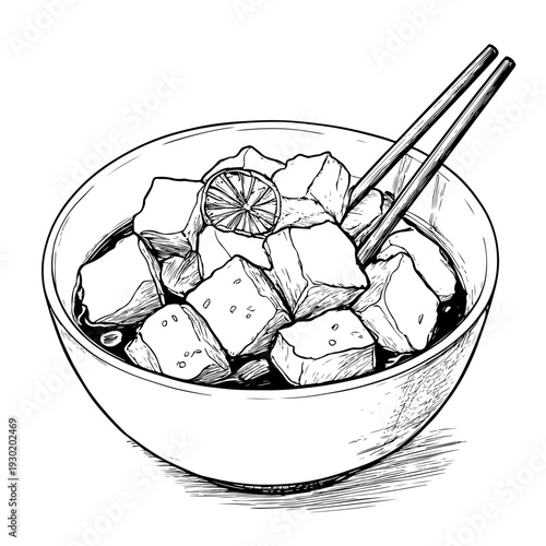 A visually appealing adobe stock illustration of cubed tofu in a bowl with chopsticks and a lime slice, perfect for food blogs and recipes