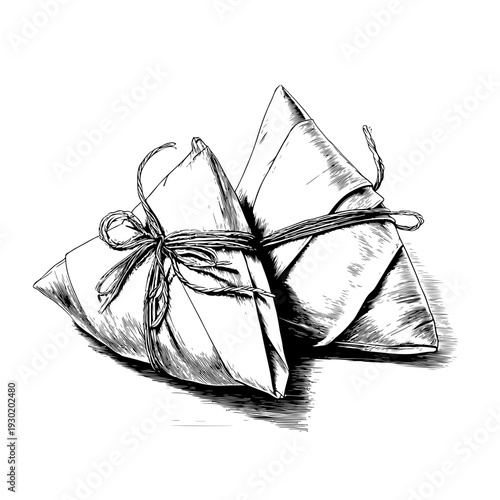 Authentic hand-drawn illustration of traditional Chinese Zongzi, delicious glutinous rice dumplings, ideal for cultural food designs on adobe stock