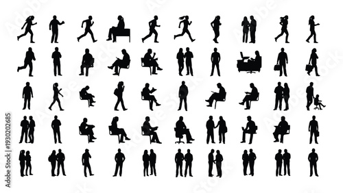 A collection of human silhouette icons in various poses and actions isolated on white background, Vector