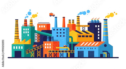 Colorful factory buildings with smoke stacks emitting pollution.