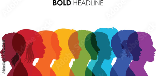 A diverse group of people in colorful silhouette profiles with a bold headline