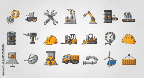 Collection of industrial icons and symbols representing construction and manufacturing.