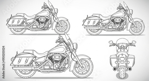 Detailed Sketch of a Motorcycle from Multiple Angles.