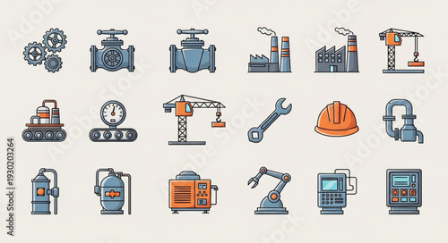 Collection of industrial and factory icons and symbols.