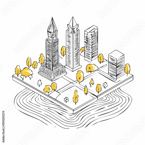 Isometric hand drawn city with skyscrapers and trees on an island.