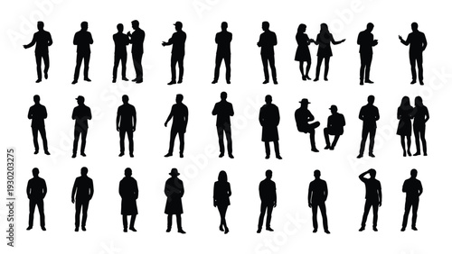 A collection of black silhouettes of people in various poses and actions isolated on white background, Vector