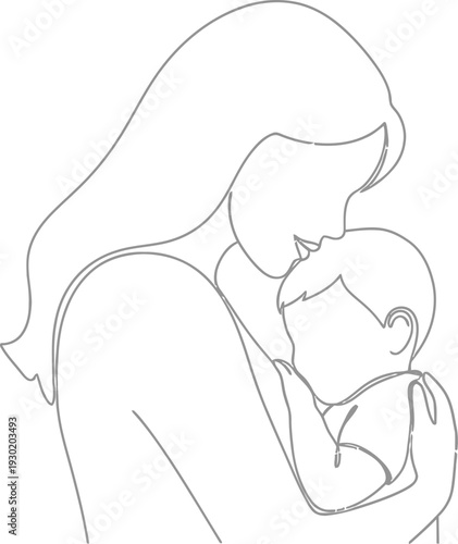 A simple line drawing of a mother holding and kissing her baby
