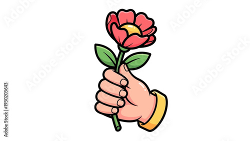 A hand holding a red flower with green leaves and yellow center tightly