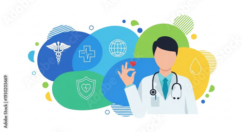 Doctor in white lab coat with stethoscope making okay gesture surrounded by colorful medical icons on white background